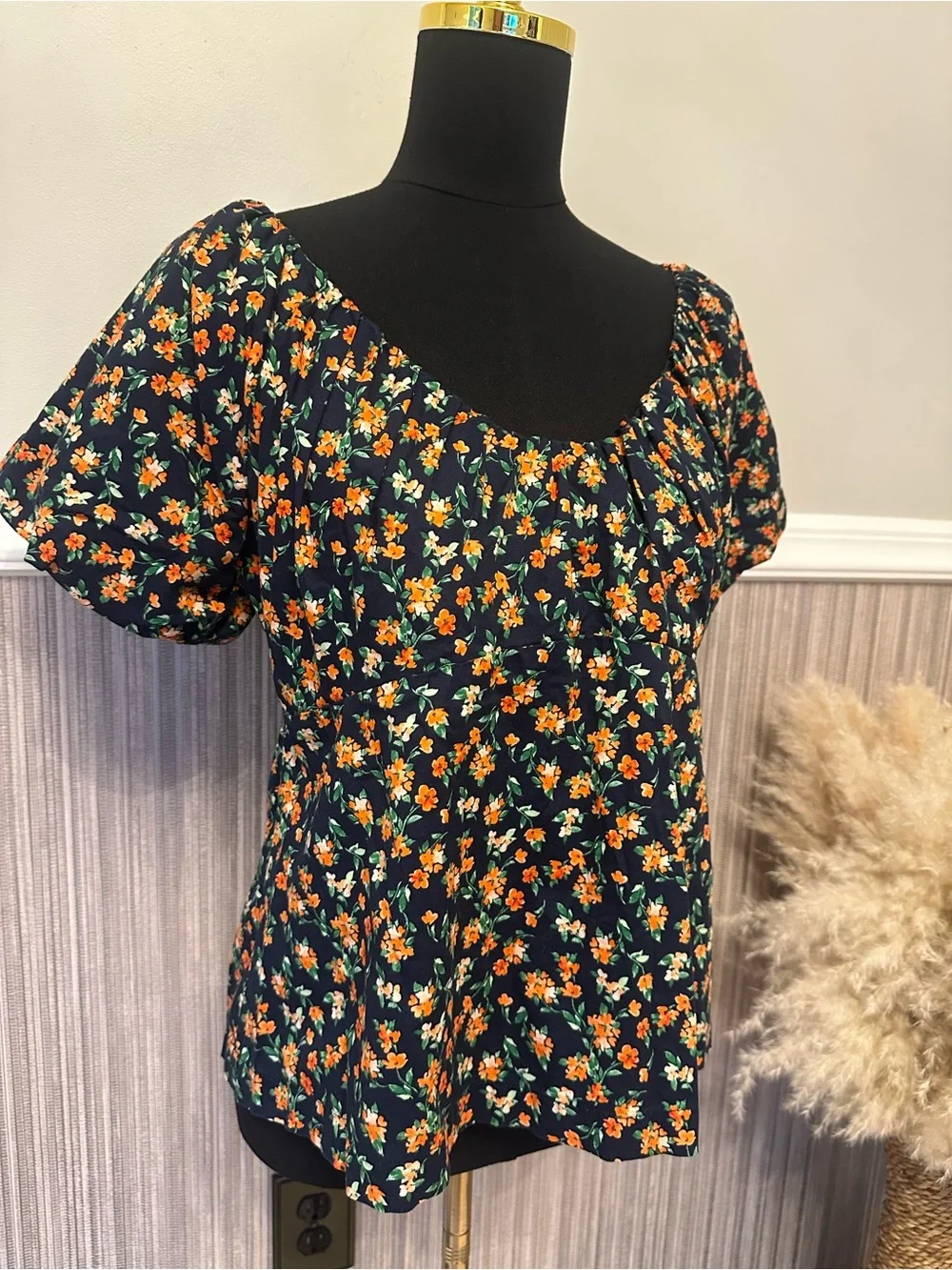 Old Navy Floral Puff Sleeve Peplum Blouse Square Neck Cottagecore Large